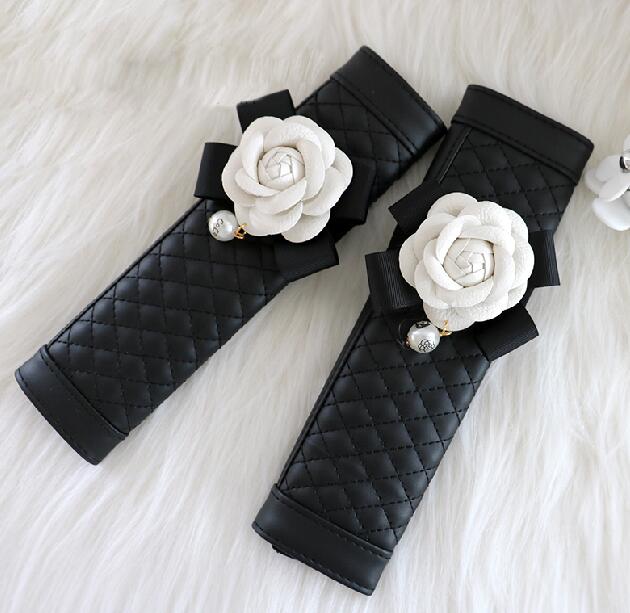 2pcs Camellia Flower Car Safety Seat Belt Cover Pu Leather Shoulder Pad Car Styling Seatbelt Cover Car Accessories for Women