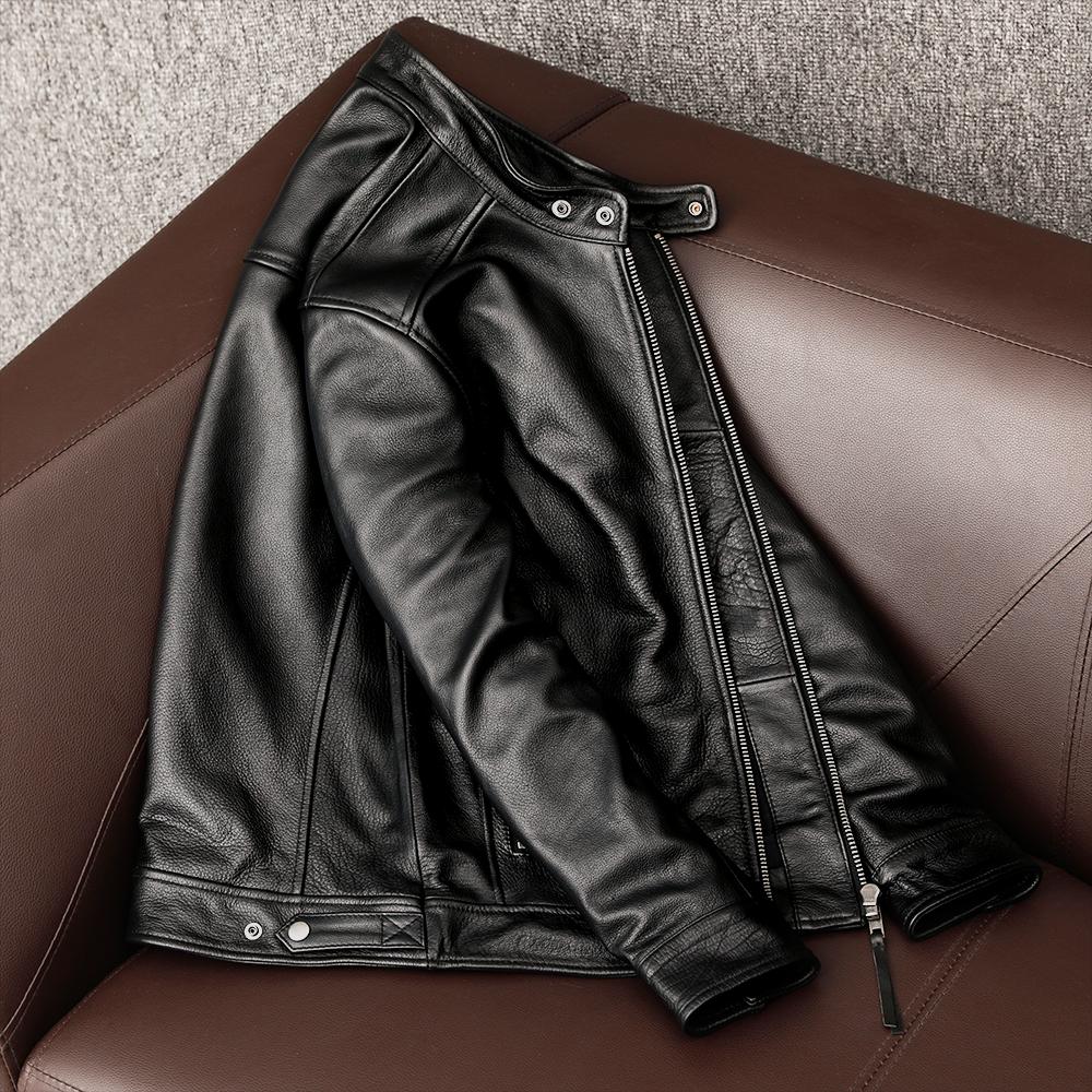 Giacca in Vera Pelle Morbida di Mucca da Uomo Slim Fit Collo Alto Cappotto Biker