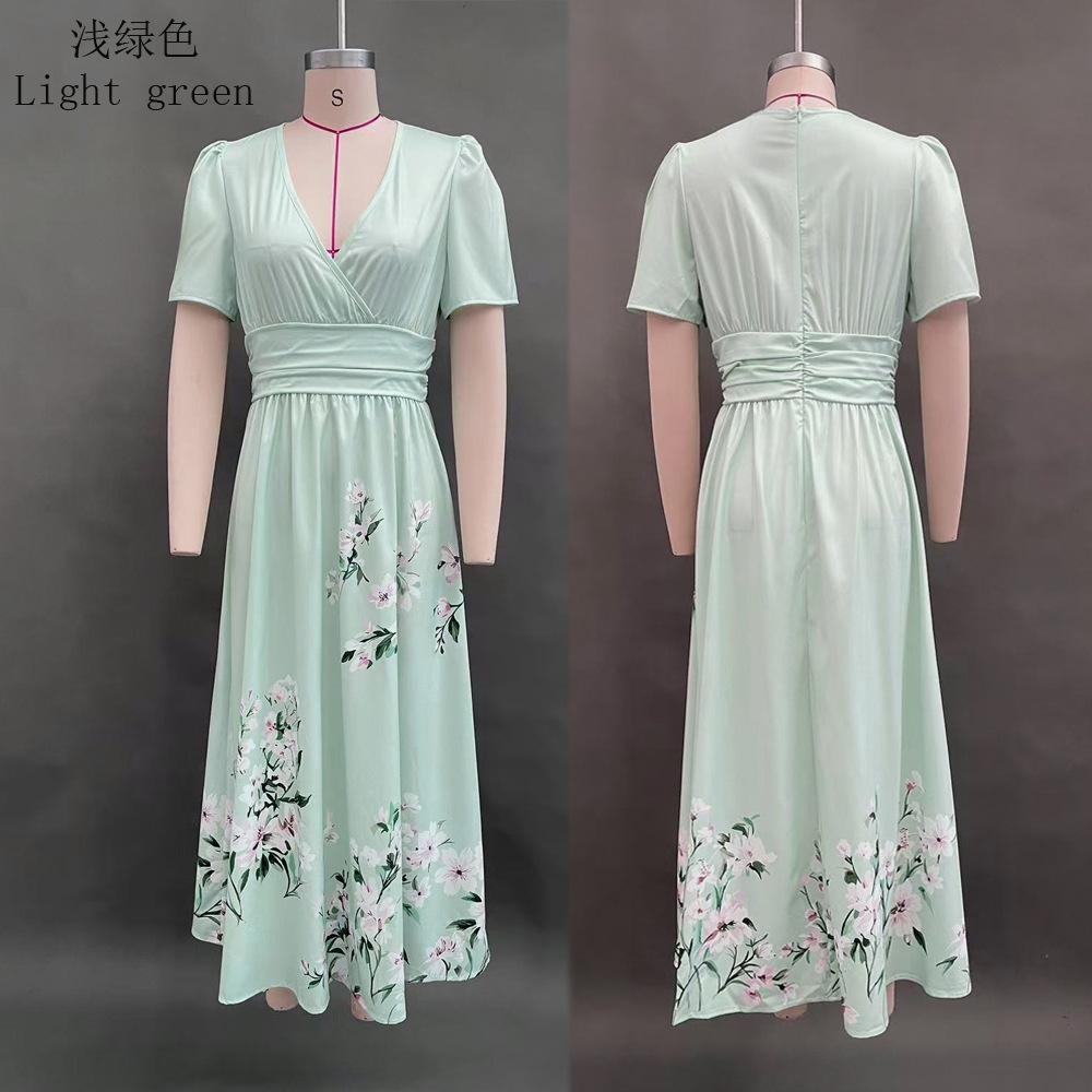 Europäische und amerikanische Damenbekleidung Digitaldruck Blume Langarm V-Ausschnitt Faltenkleid Damen langes Kleid