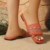 Fashion Bohemia Orange Embroidered Fabric Slides Women 2025 Summer Square Toe Flat Heel Slippers Silver Glitter Sexy Beach Sandals