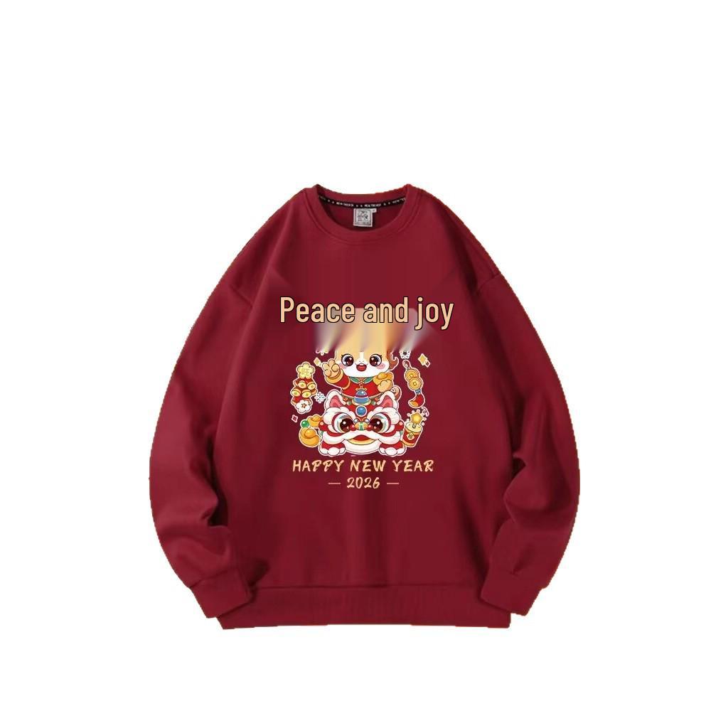 Red Chinese New Year Horse Cartoon Hoodie, Unisex Round Neck, Plus Velvet, Casual Loose Fit