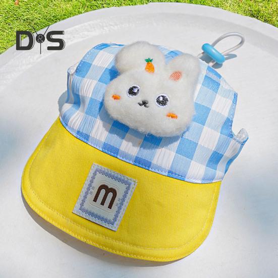 Conjunto de 3 peças para filhotes de verão, chapéu de sol ajustável, arnês e guia com decoração de pelúcia de desenho animado para gatos e cães de pequeno e médio porte