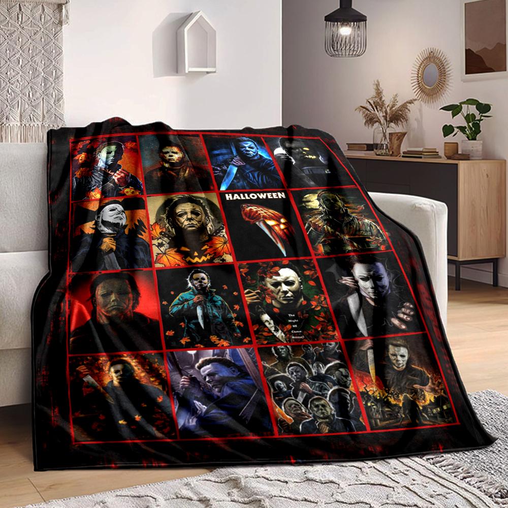 1Pc Halloween Horror Icons Flannel Blanket, Soft And Comfortable, Casual Warm, Camping Travel, Christmas, Halloween Xmas Gift L1470