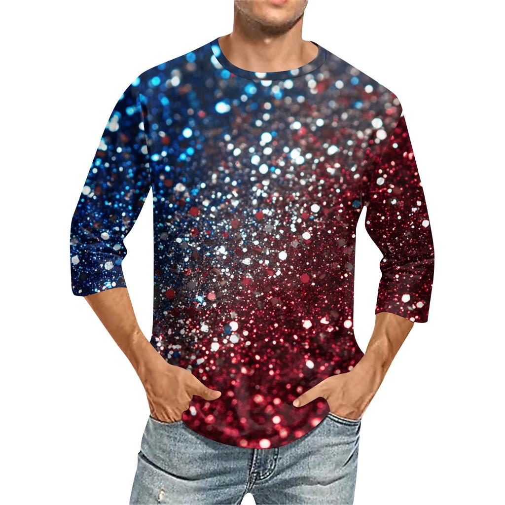 Men's Fashion Casual Independence Day Print  Neck Seven-point Sleeve Top T-shirt