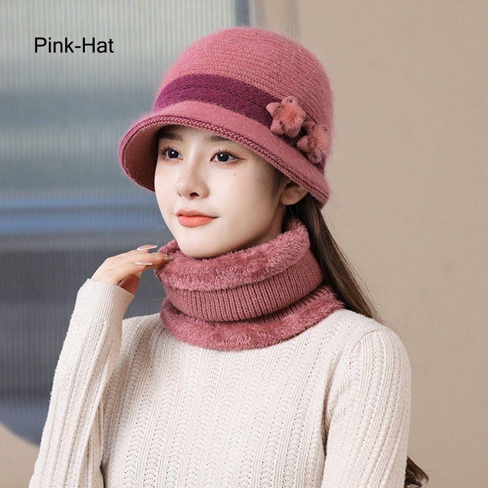 Outdoor Elderly Middle Aged Winter Beanie Hat Scarf Fleece Lining Warm Knit Bucket Hat Windproof Hat Scarf Set for Women