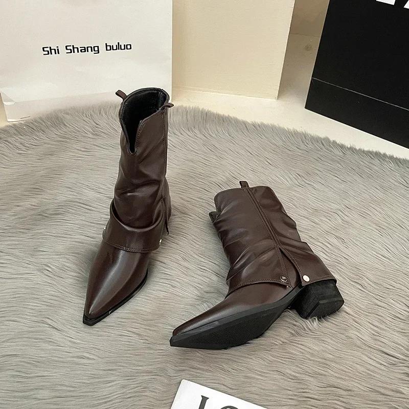 

Винтажные женские ковбойские сапоги в стиле вестерн, модные элегантные туфли с острым носком, толстые каблуки, женские современные короткие ботильоны 35 коричневый