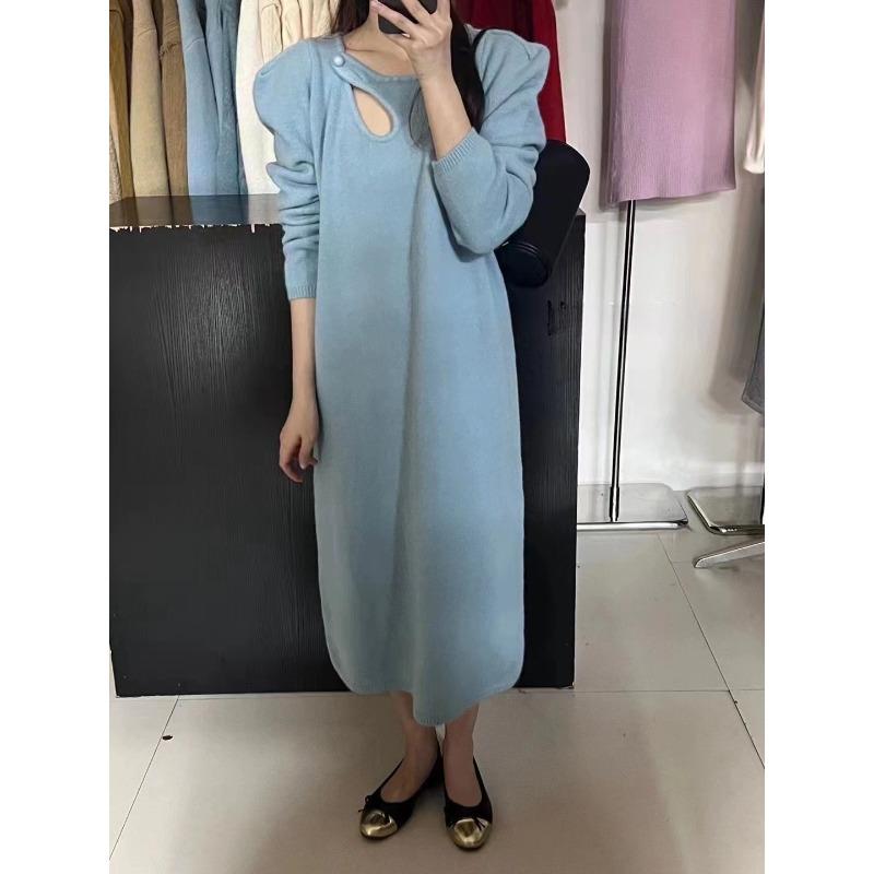 

Нишевый дизайнерский полый свитер-платье женское осенне-зимнее новое ленивое вязаное свитерное платье средней длины One size fits all [90-65kg] небесно-голубой