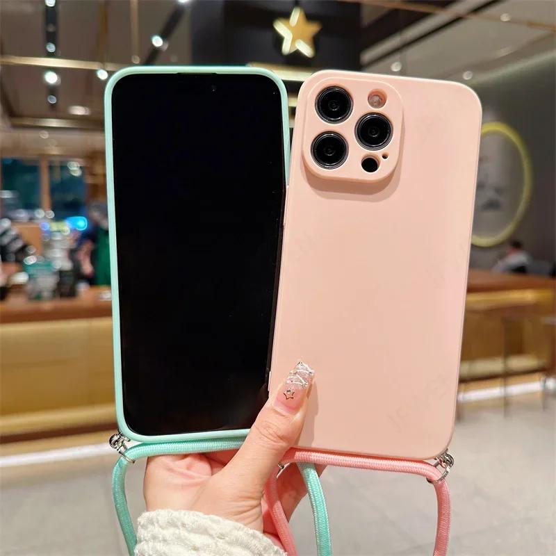 Crossbody Lanyard Candy Color Phone Case For Iphone 17 Air 16 16E 15 14 13 12 11 Pro Max Plus Silicone Soft TPU Back Cover