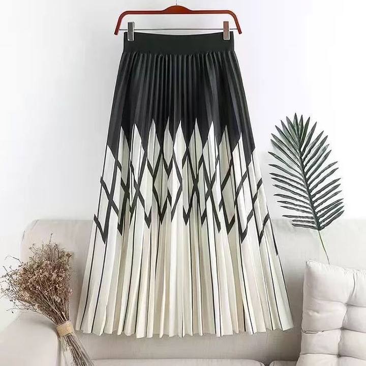 Qooth Spring Summer Women Casual Midi Skirts Rhombus Printing Patchwork Skirt High-waisted A-line Skirt