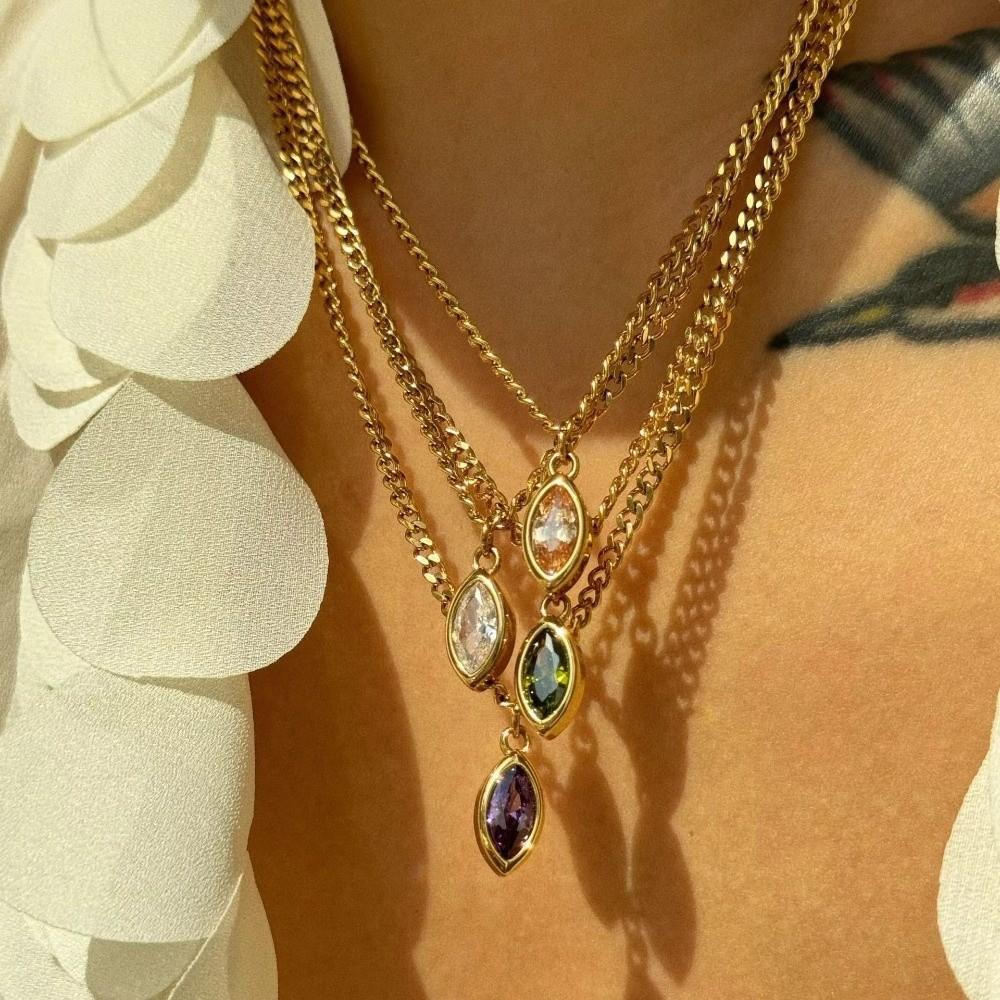 Jewelry Oval Pendant Necklace Stainless Steel Clavicle Chain Fashion Cubic Zirconia Necklace  Women