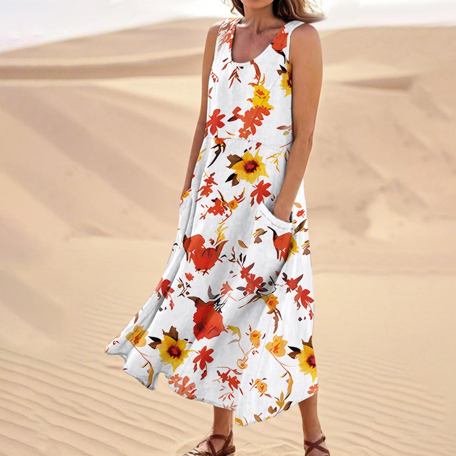Women s Summer Casual Fashion Flower Printed Sleeveless  Pocket Dress S оранжевый