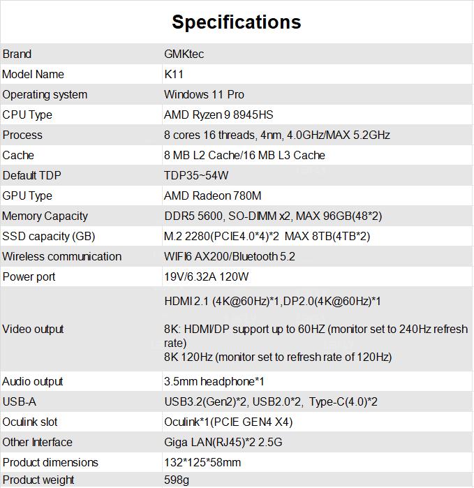 GMKtec K11 Mini PC AMD Ryzen 9 8945HS Gaming K8P  Windows 11Pro Radeon 780M DDR5 5600MHz 32GB 1TB SSD WIFI6 BT5.2 Gamer Computer