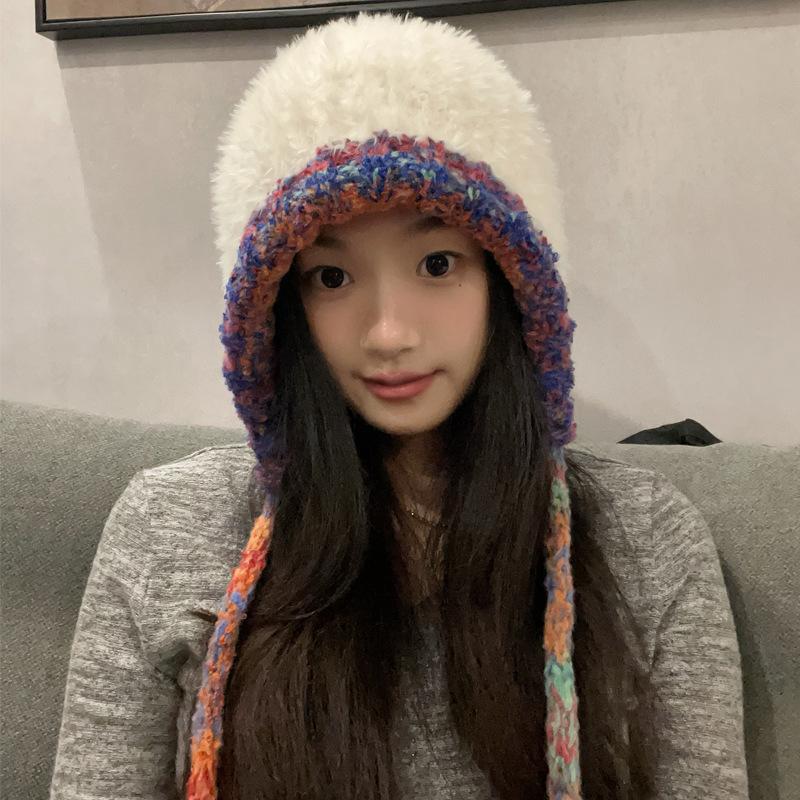 Woolen Hat Autumn and Winter Long Strap Plush Hat Ear Protection Lei Feng Hat Cold Protection and Warmth Baotou Knitted Hat for Women