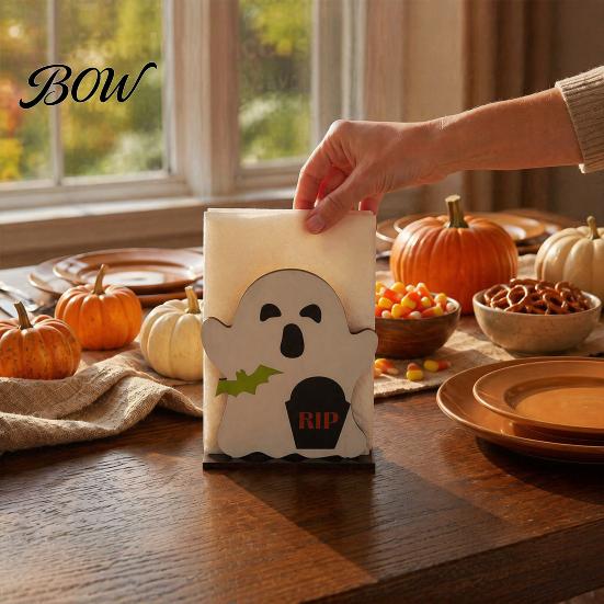 Halloween Party Table Decor Ghost Wooden Napkin Holder, Cute Paper Towel Decorative Stand Stand, Freestanding Tissue Dispenser Organizer for