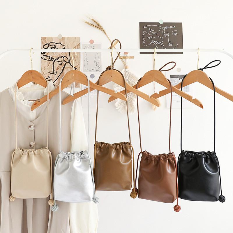 IELGY Korean Version All-Match Mini Drawstring Bucket Bag Retro Texture Soft Leather Shopping Mobile Phone Bag Cute Shoulder Crossbody