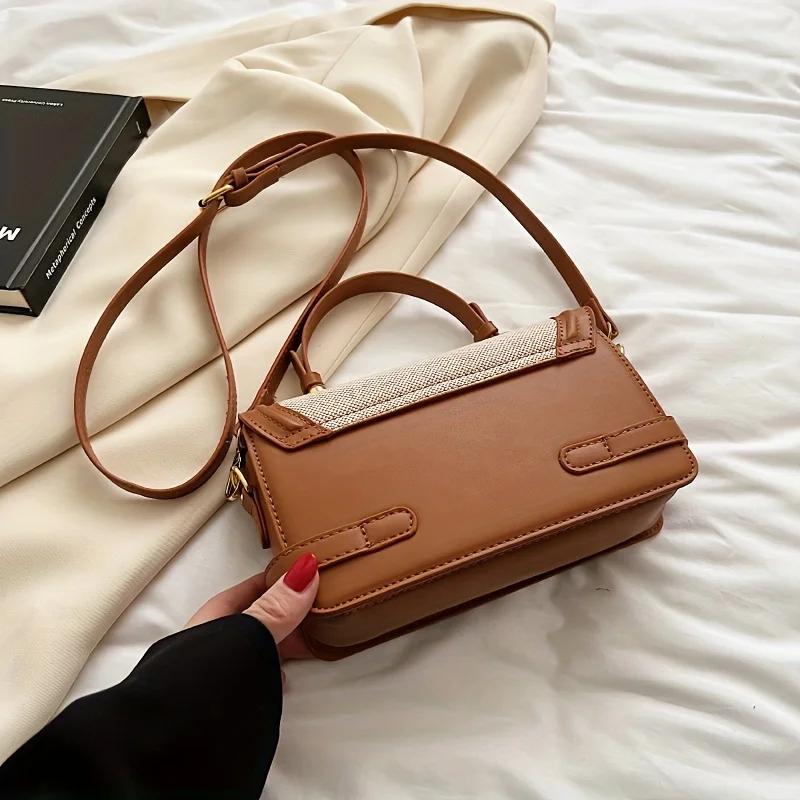Vintage Flap Leather Crossbody Bags for Woman Ctrast Color PU Tote Bag Retro Handbags Shoulder Bag, Fashiable Handbag Purse