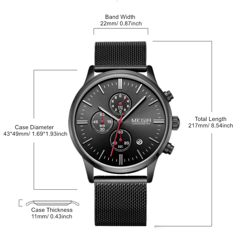 Megir Men Watches Mesh Stainless Steel Quartz Chronograph Watch Clock Relogio Masculino for Male Students Relogios