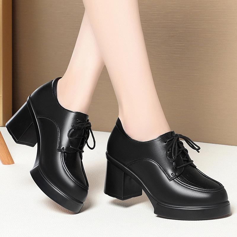 Women's High-heeled Black Work Shoes, Chunky Heel Work Shoes, Lace-up Single Shoes, Deep-cut Spring and Autumn Women's Shoes