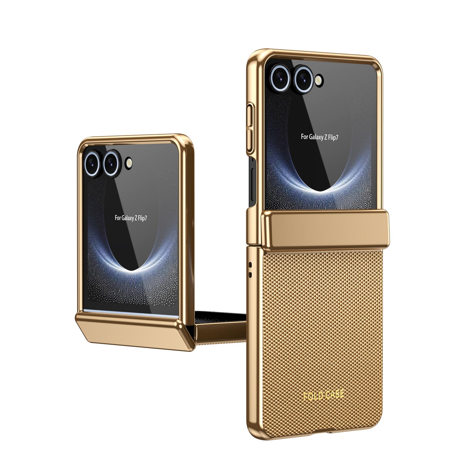 

For Samsung Galaxy Z Flip7 6 5 4 3 phone case, with tempered film, electroplated frame and plain leather design Galaxy Z Flip6