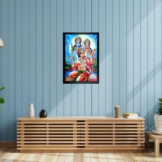 Lord Hanuman Ji, Ram. Seeta Photo Religious Framed Painting for Wall Poster for Pooja - Bajrangbali Frame - 8x10 Inch