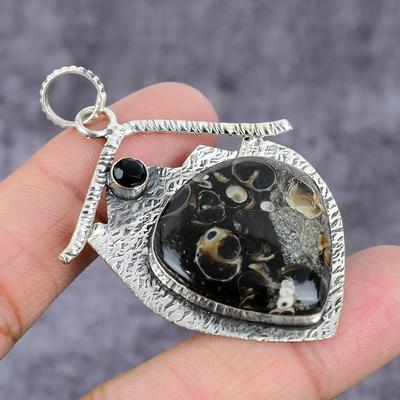 Natural Turtela Fossil, Spinel Gemstone 925 Sterling Silver Pendant 2.17" r6I12