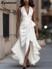 Neues Satin-V-Ausschnitt-Ärmelloses Kleid mit Taillensitz und Blumenmuster, Rüschen, für Damen