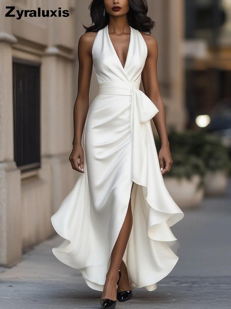 Neues Satin-V-Ausschnitt-Ärmelloses Kleid mit Taillensitz und Blumenmuster, Rüschen, für Damen
