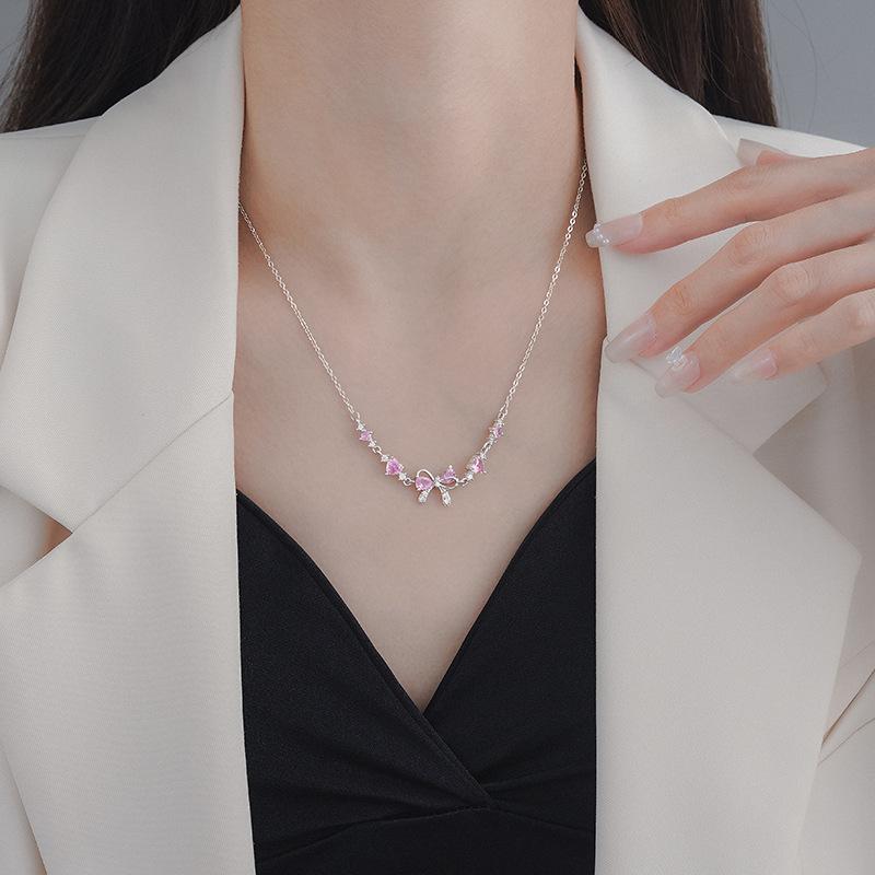 Shiny Pink Bow Heart Zircon Jewelry Set Necklace Bracelet for Women Trendy Y2K Style Accessory Gift for Teens