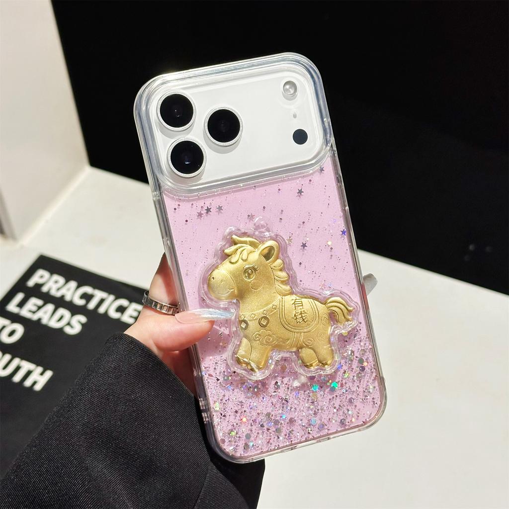 For iPhone 17 Pro Case Sparkling Glitter PC Phone Cover with Golden Horse Ornament