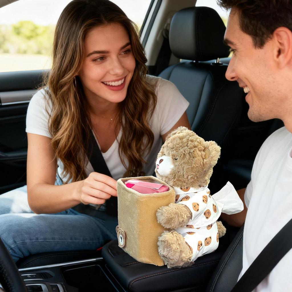Car Tissue Holder 2-in-1 Multifunctional Cute Plush Bear Auto Supplies Truck Trash Can for Home Desk Table Bedside Dresser