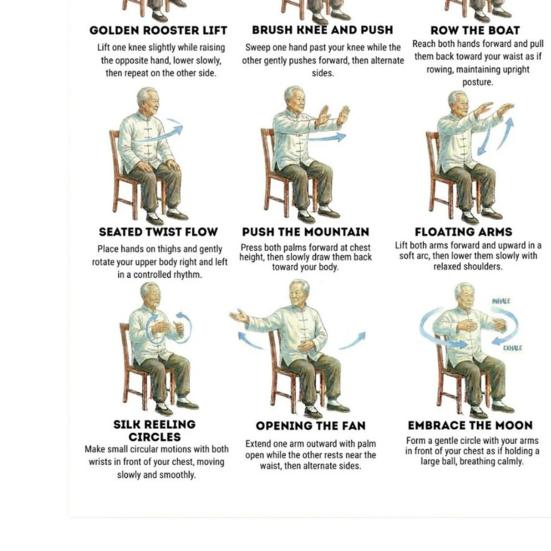 3Pcs Seated Tai Chi Practice Poster for Seniors Balance Stability Training