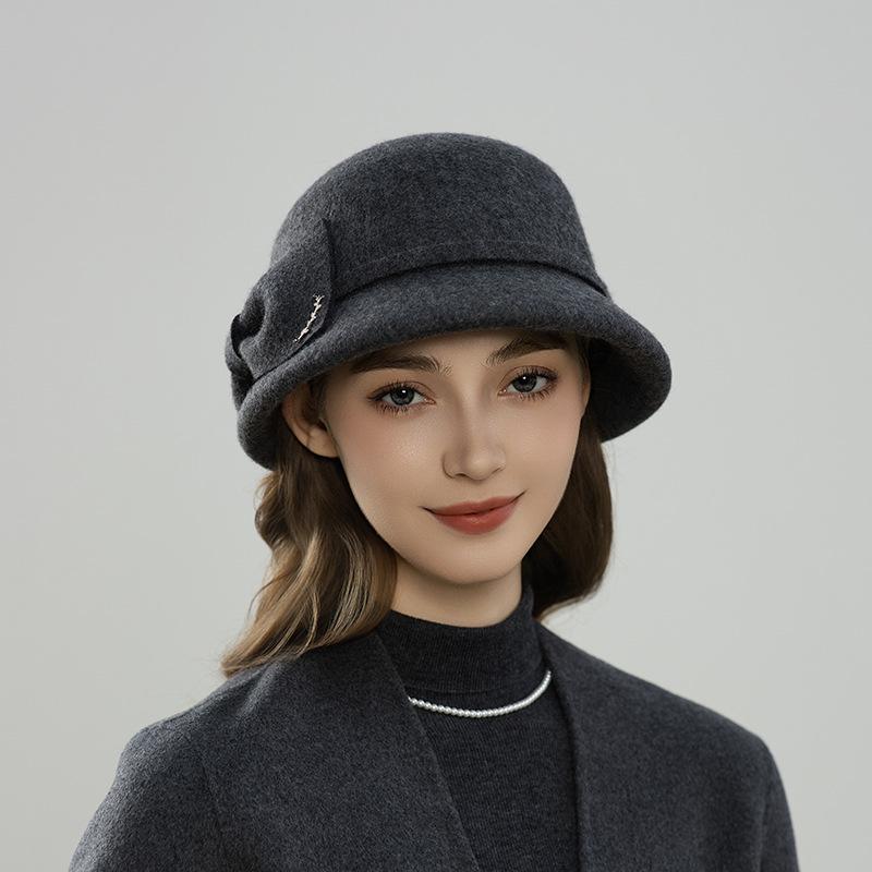 Hat lady autumn and winter wool bucket hat elegant bow decorative felt hat warm new basin hat