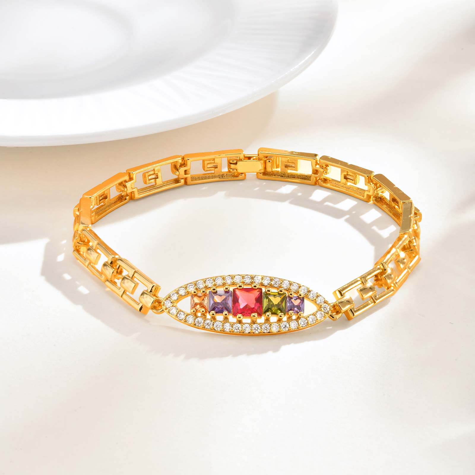 Luxurious Water Drop Zircon Colorful Zircon Flower Bracelet,Women s Eye Strap Hollow Heart Round Bracelets,Girl s Jewelry Gift