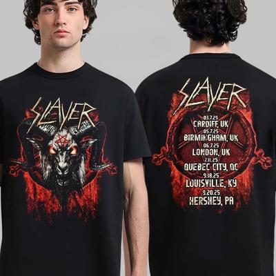 Slayer Pożegnalna Trasa 2025 Merch Sztuka z Głową Bafometa z Datami Trasy Koszulka Wysokiej Klasy Luksusowa Dla Mężczyzn i Kobiet Top Y2k