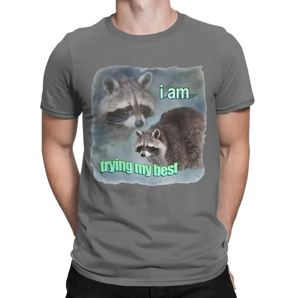 I Am Trying My Best Raccoon Word T Shirt Men's 100% Cotton Vintage T-Shirts Crew Neck Tees Short Sleeve Tops Classic