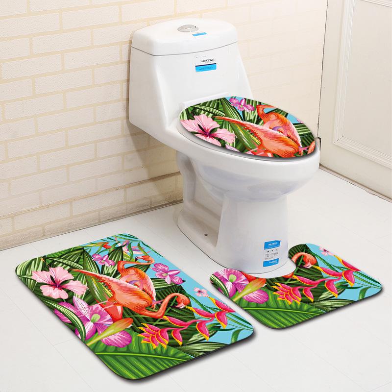 European And American Style Pink Cute Animal Flamingo Floor Mat Carpet Girl Heart Hand-Painted Illustration Toilet Three-Piece Set