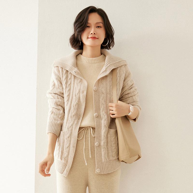 

Ретро кардиган крупной вязки из толстого кашемира - Большой лацкан, Универсальный осенне-зимний свитер L - Suitable for 120-150 jin легкие хаки