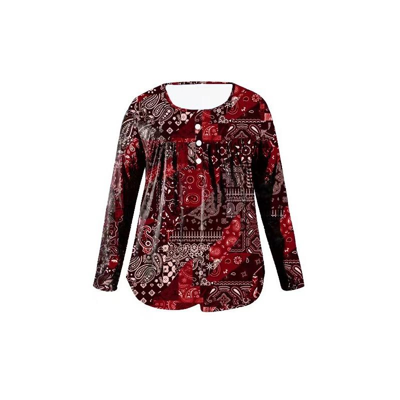 Women S Plus Size V Neck Long Sleeve Paisley Pattern Loose Fit T Shirt