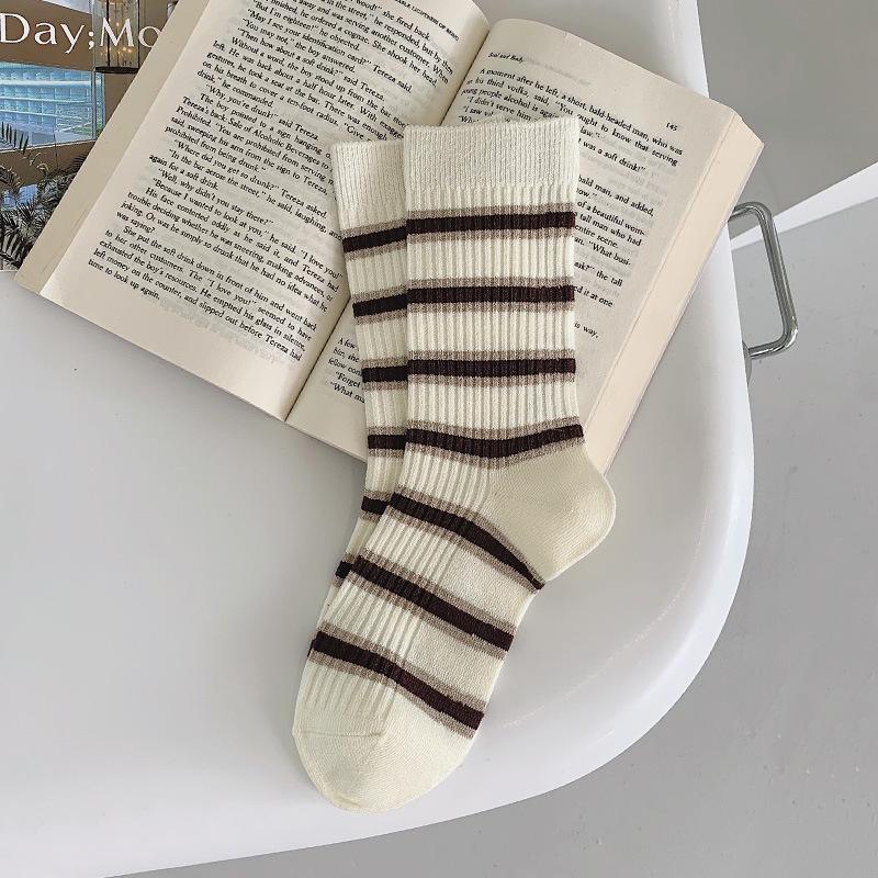 Women s Coffee Striped Bear Embroidery Mid-Calf Slouch Socks - Cute Cartoon Style One Size