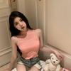 High Neck Hollow Ice Silk Camisole Tank Top for Women Summer Pink Halter Neck Slim Fit Short Style Knitted Sleeveless Top