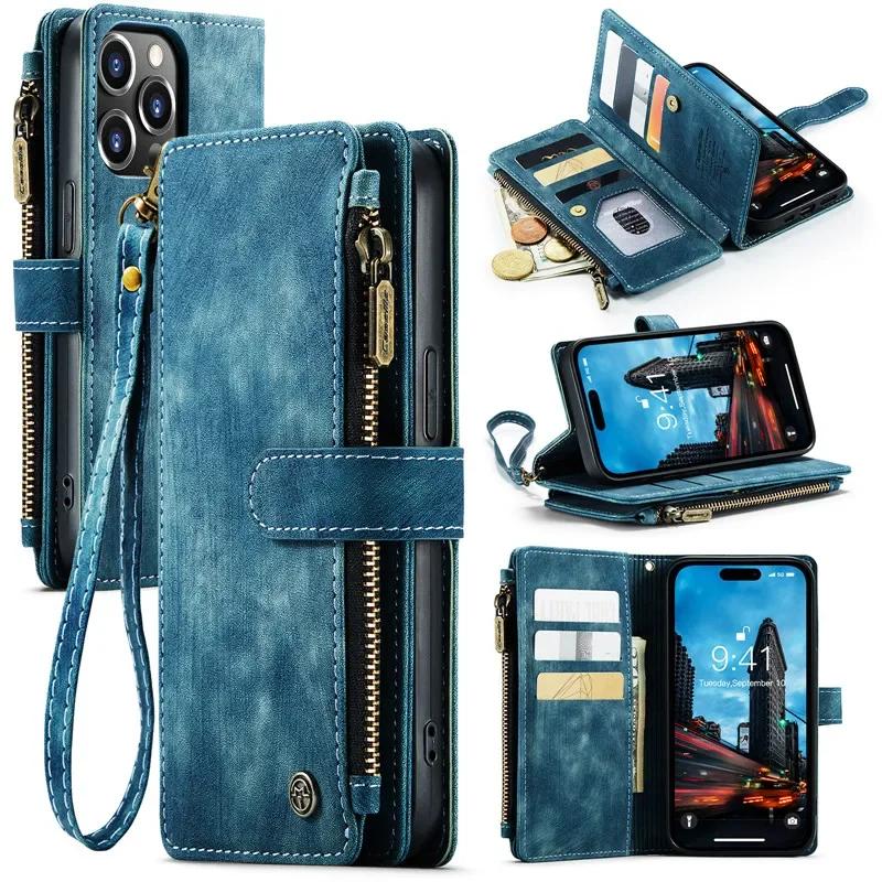 Lanyard Leather Wallet Card Phone Case For iPhone 18 Pro Max 17 Air 17E 16 Plus 16E 15 14 12 13 11 XS XR X Zip Flip Stand Cover