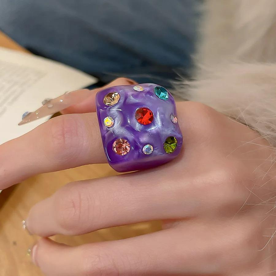 New Trendy Colorful Rhinestone Resin Finger Rings for Women Girls Sweet Chunky Irregular Geometric Rings Aesthetic Jewelry Gift