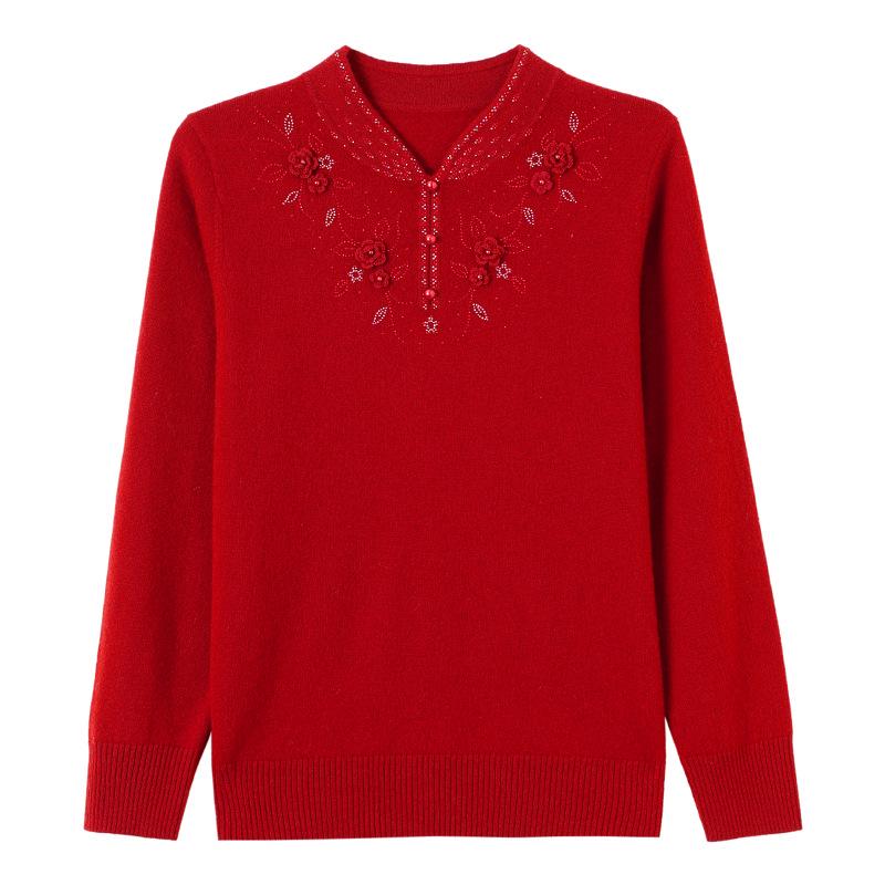 Stylish Qipao Collar 100% Wool Sweater for Middle-Aged & Elderly Women - Warm Winter Knitwear