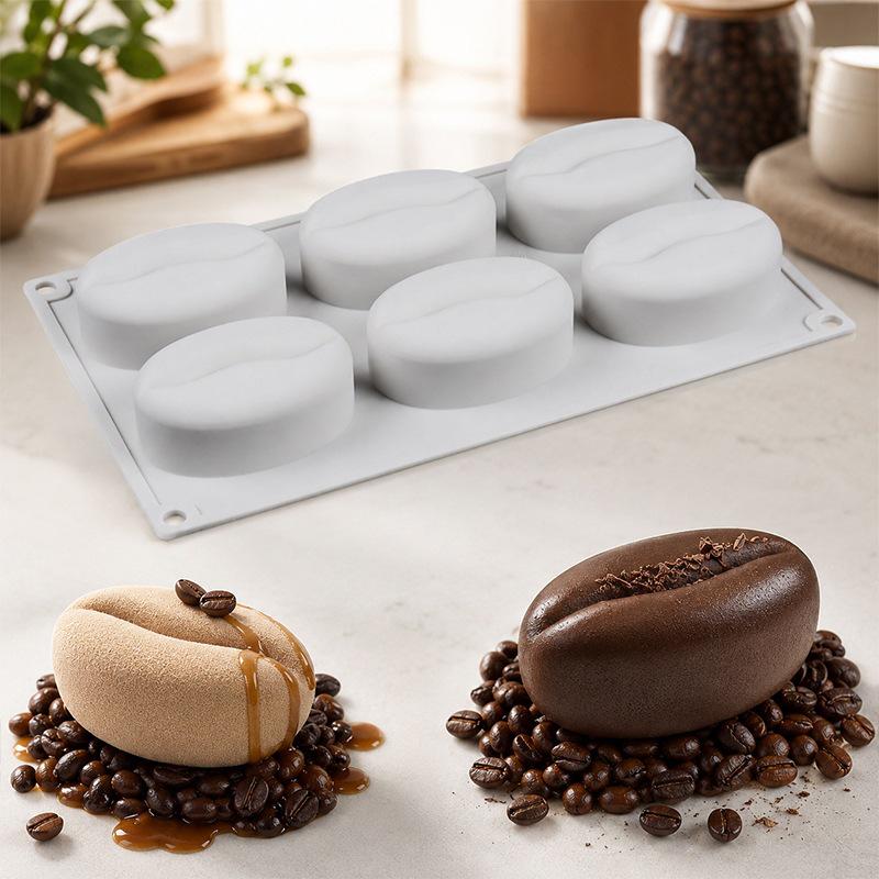 6-Cavity Food-Grade Silicone Mold: Coffee Bean, Pudding, Mousse & Cake Resistant to High Temperatures
