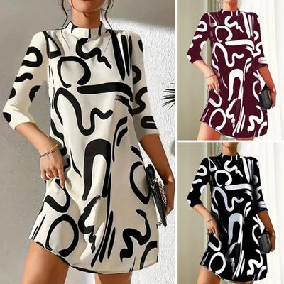 Lady Dress Color Matching Printed Loose Long Plus Size Sleeve Thick Soft Warm Sexy Retro Pullover Fall Winter Mini