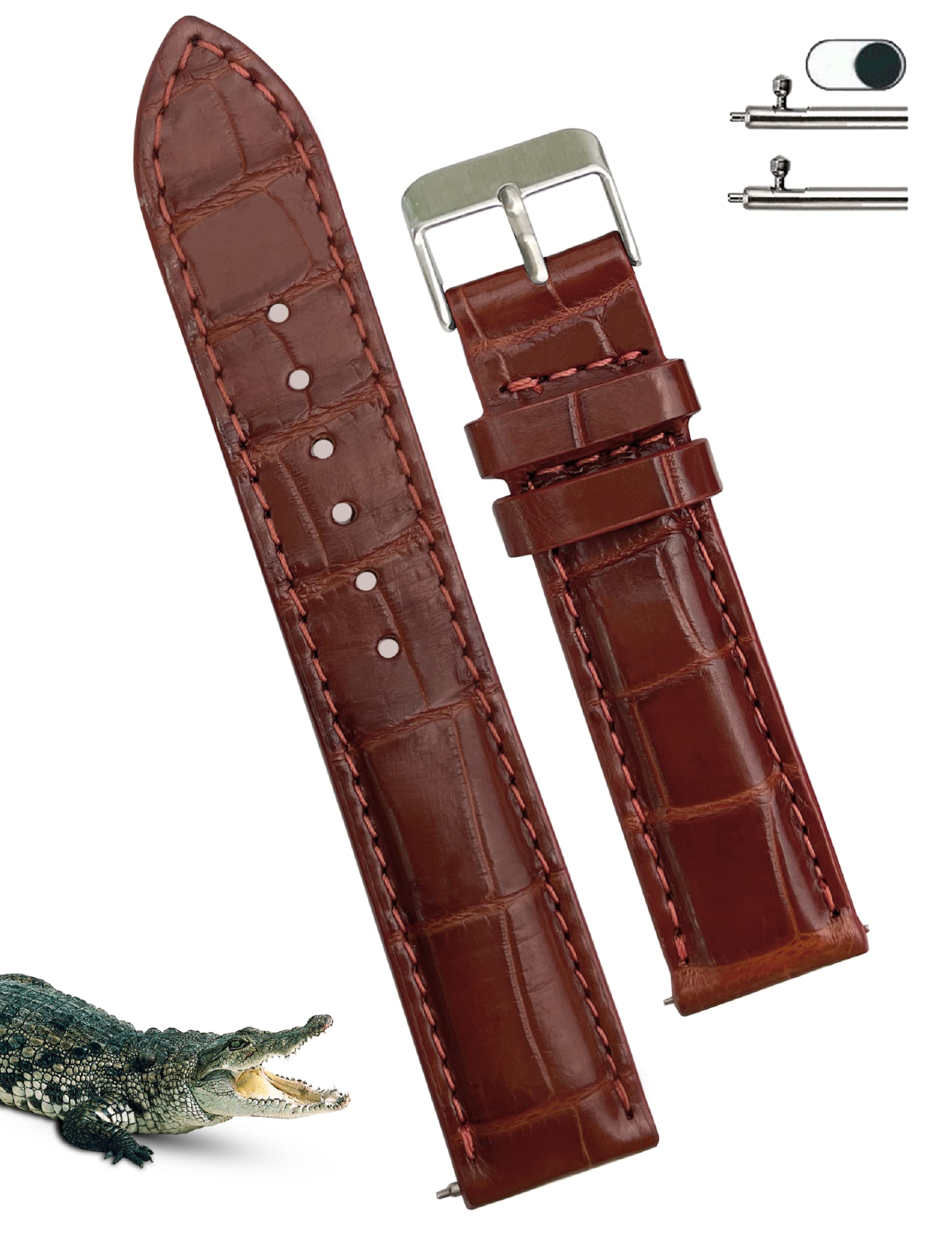 

[vietnamcreations] 19mm Brown Crocodile Watch Strap, Quick Release, Crocodile Leather Replacement Watch Band with Wrist Buckle, Handmade, Men s,