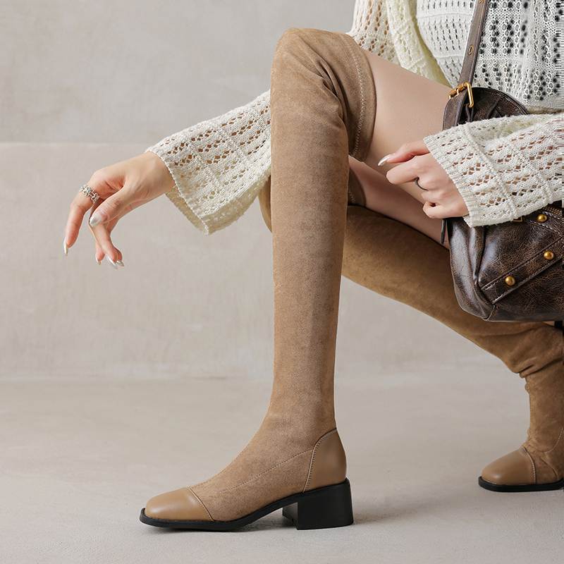 Krazing Pot Flock Autumn Winter Shoes Thick Heels Size 43 Long Boots Apricot Patch Work Stretch Over-the-knee Boots