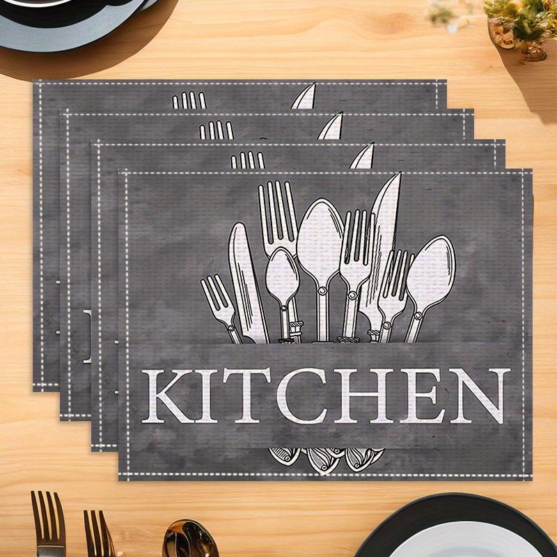 

[4pcs Knife & Fork Placemats] 4pcs Linen Placemats | Black Knife & Fork Pattern | Kitchen Fabric Table Mats | Hotel Holiday Party Room Decoration 4