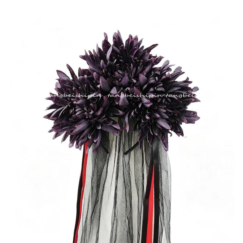 Gothic Halloween Ghost Bride Costume Veil with Dark Purple Flowers