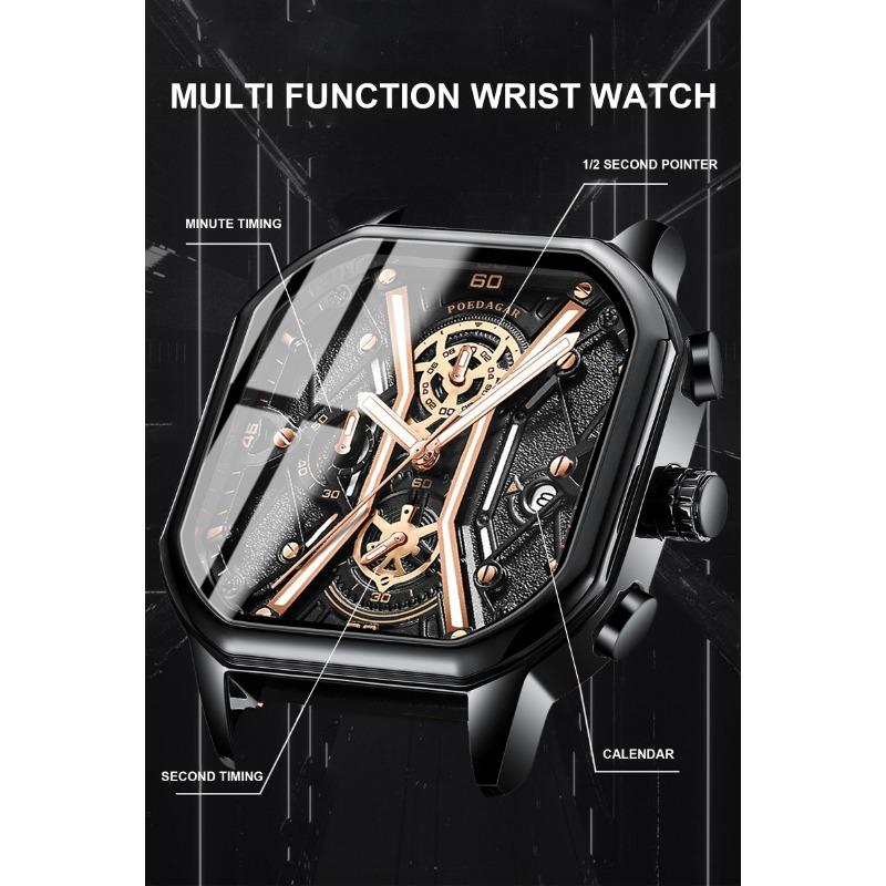 POEDAGAR Fashion Men Wristwatches Luxury Chronograph Luminous Waterproof Date Watch Square Dial Leather Quartz Watches